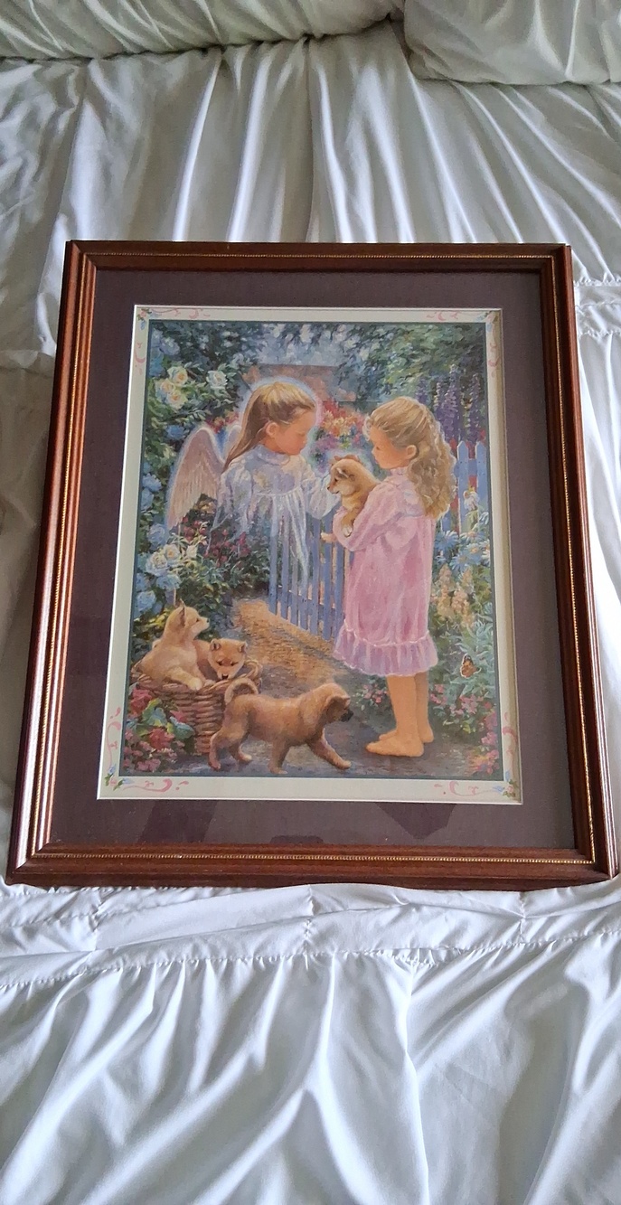Vintage Framed Angel & Girl Print in Brown Frame 18"x22"